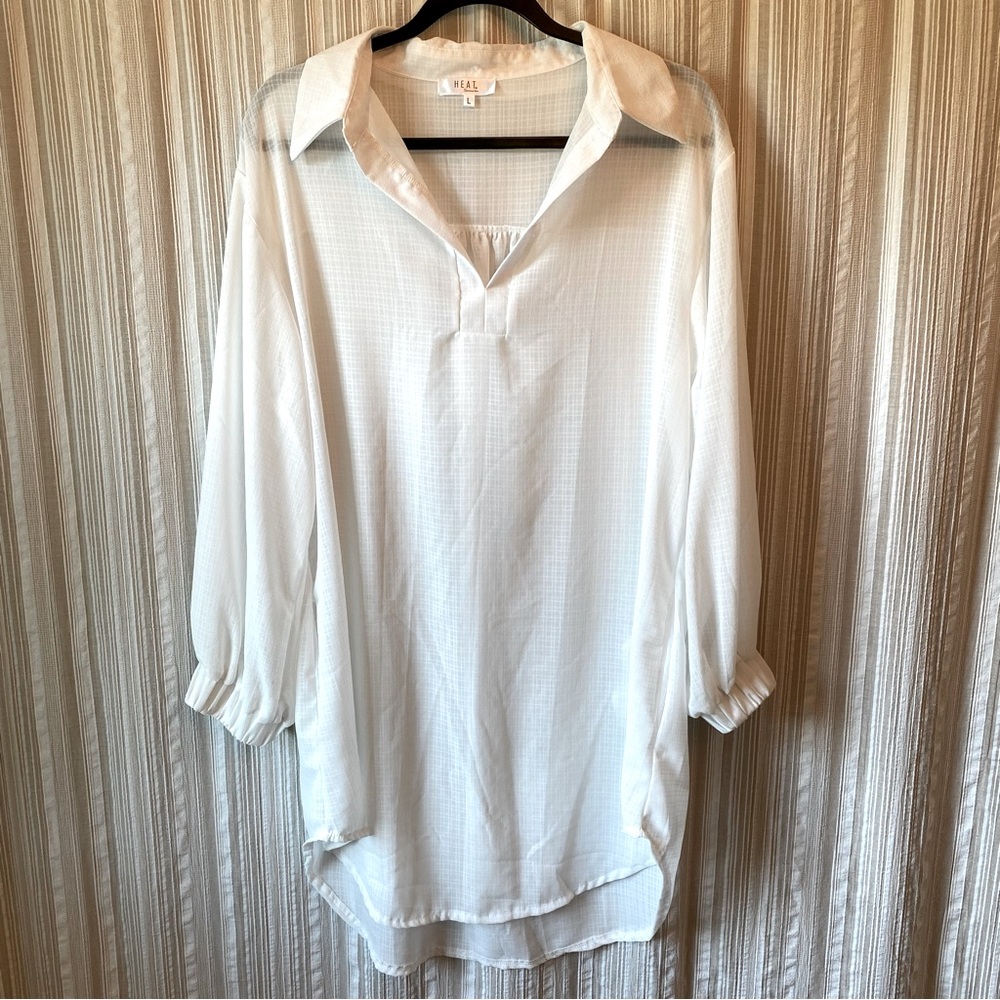 White Long-Sleeve Tunic Shirt Coverup